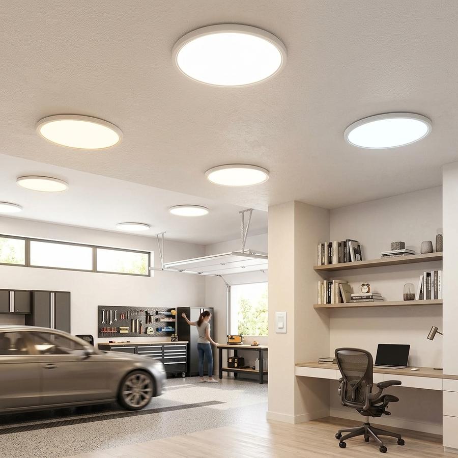 12-Inch LED Flush Mount Ceiling Light dimmed low over a kitchen