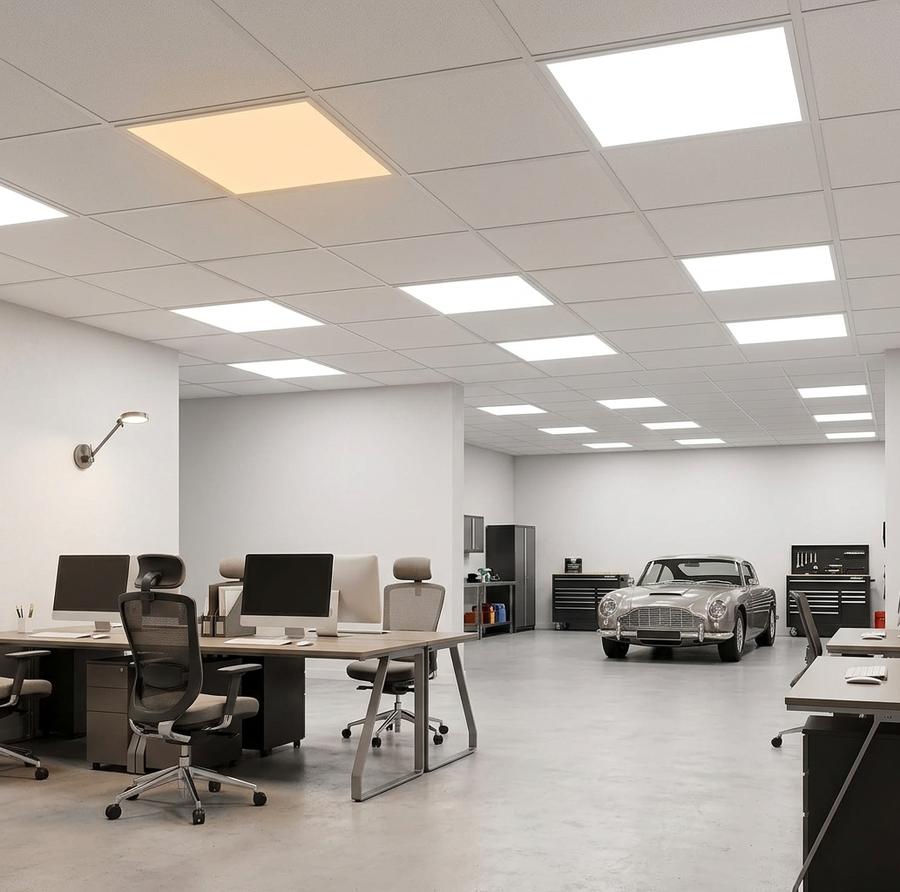 2x2 LED Flat Panel Light lowered into a suspended drop-ceiling grid