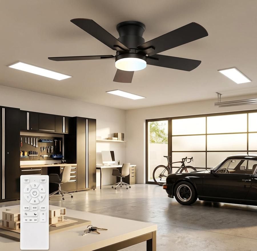 42-Inch Flush Mount Ceiling Fan with Light running low in a dim bedroom