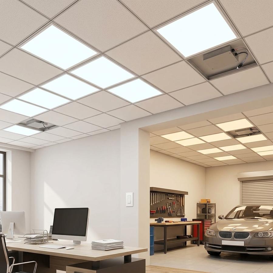 2x2 LED Drop Ceiling Panel across a basement grid